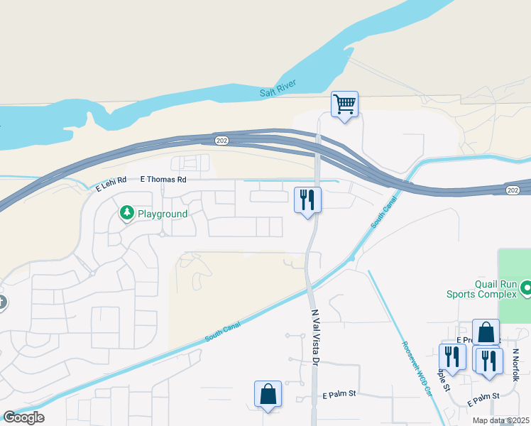 map of restaurants, bars, coffee shops, grocery stores, and more near 3442 East Riverdale Street in Mesa