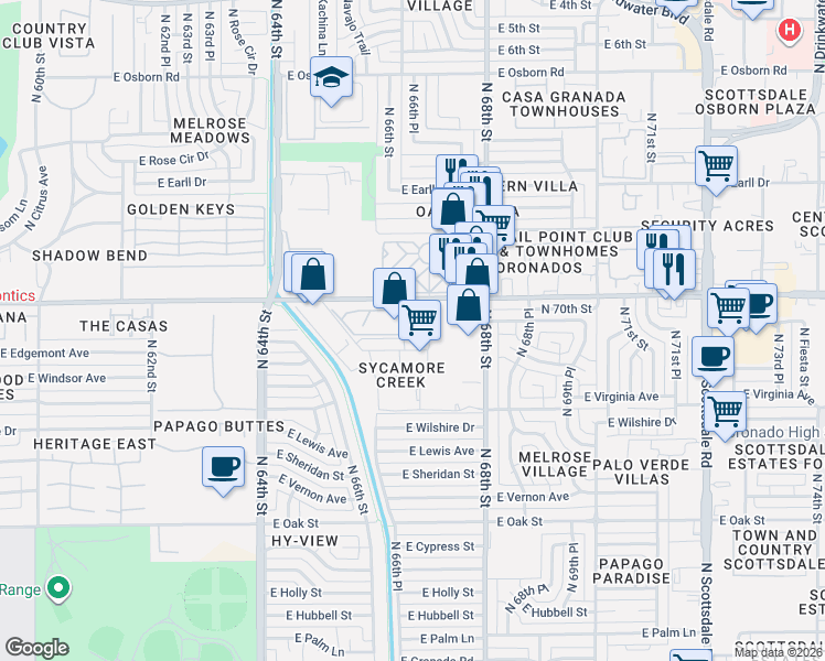 map of restaurants, bars, coffee shops, grocery stores, and more near 6599 East Thomas Road in Scottsdale