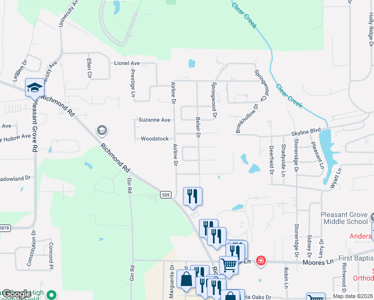 map of restaurants, bars, coffee shops, grocery stores, and more near 4307 Jan Circle in Texarkana