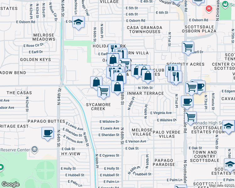 map of restaurants, bars, coffee shops, grocery stores, and more near 2720 North 68th Street in Scottsdale