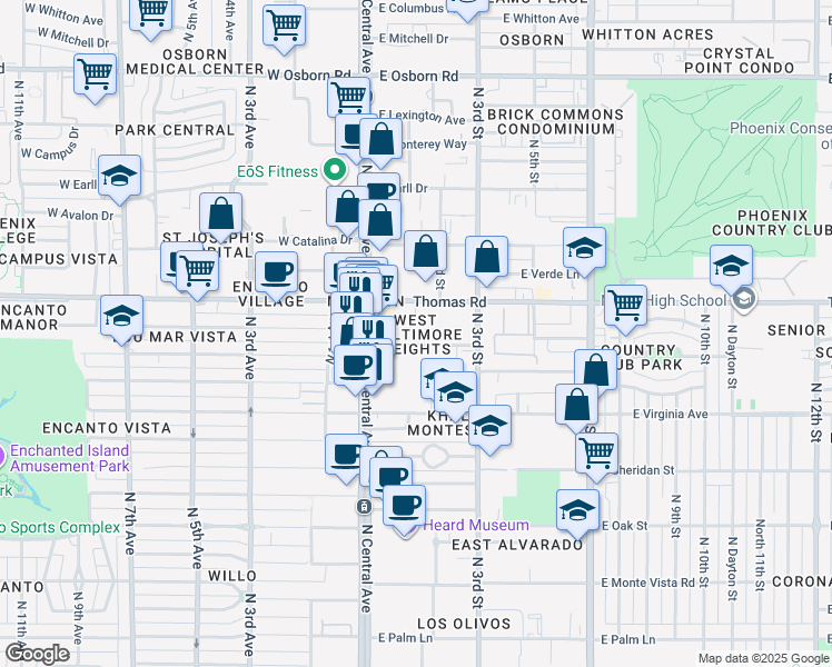 map of restaurants, bars, coffee shops, grocery stores, and more near 44 East Roanoke Avenue in Phoenix