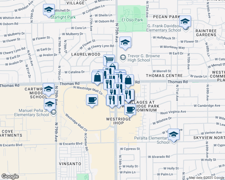 map of restaurants, bars, coffee shops, grocery stores, and more near 76th in Phoenix