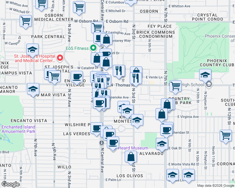 map of restaurants, bars, coffee shops, grocery stores, and more near 61 East Roanoke Avenue in Phoenix
