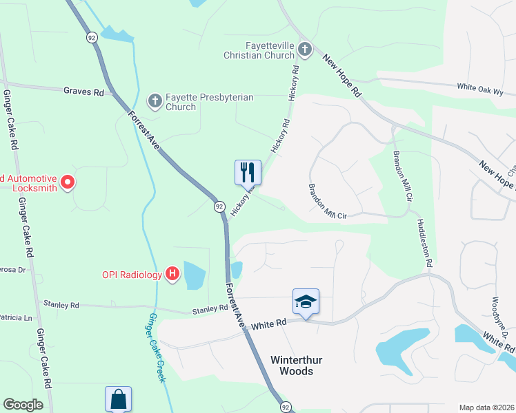 map of restaurants, bars, coffee shops, grocery stores, and more near 242 Hickory Road in Fayetteville