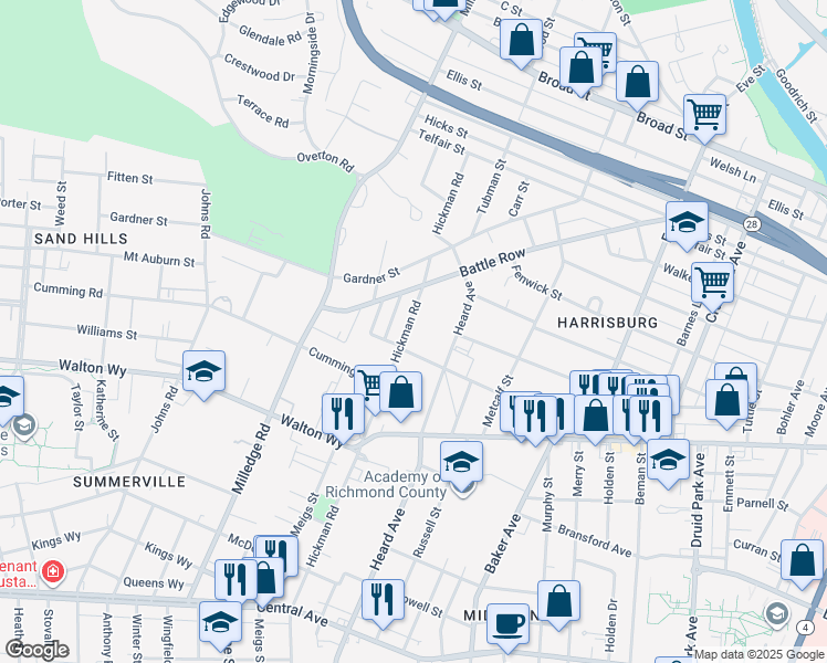 map of restaurants, bars, coffee shops, grocery stores, and more near 722 Hickman Road in Augusta