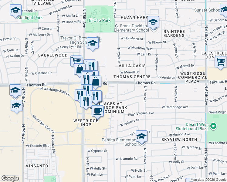 map of restaurants, bars, coffee shops, grocery stores, and more near 2731 North 73rd Drive in Phoenix