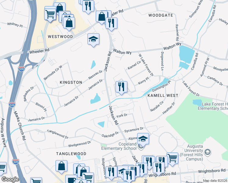 map of restaurants, bars, coffee shops, grocery stores, and more near 3214 West Wimbledon Drive in Augusta