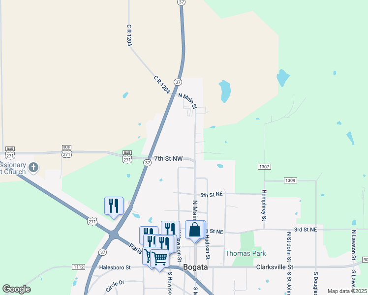 map of restaurants, bars, coffee shops, grocery stores, and more near 229 7th Street Northwest in Bogata