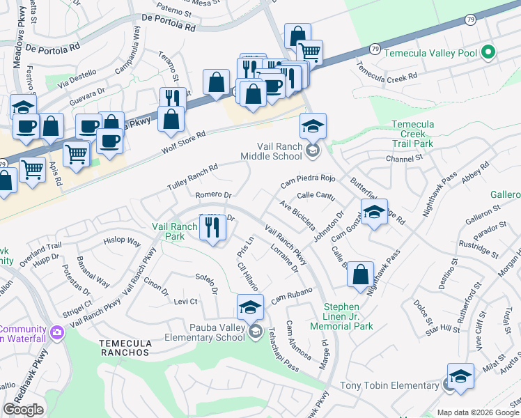 map of restaurants, bars, coffee shops, grocery stores, and more near 33180 Camino Piedra Rojo in Temecula