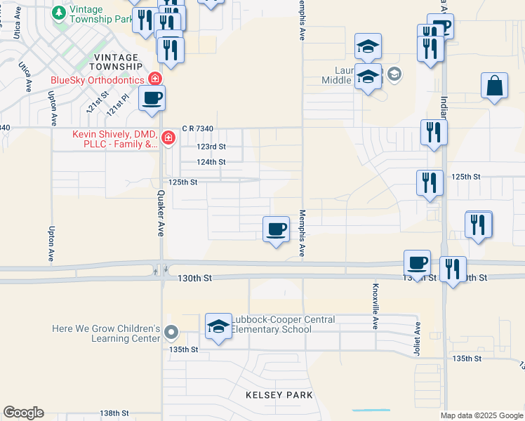 map of restaurants, bars, coffee shops, grocery stores, and more near 12207 Norfolk Avenue in Lubbock