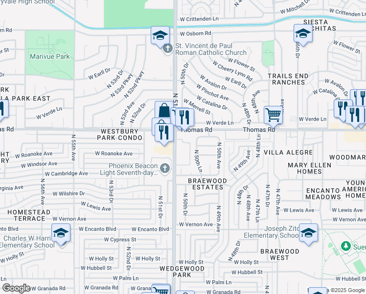 map of restaurants, bars, coffee shops, grocery stores, and more near 2827 North 51st Avenue in Phoenix