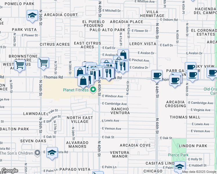 map of restaurants, bars, coffee shops, grocery stores, and more near 4041 North 40th Street in Phoenix