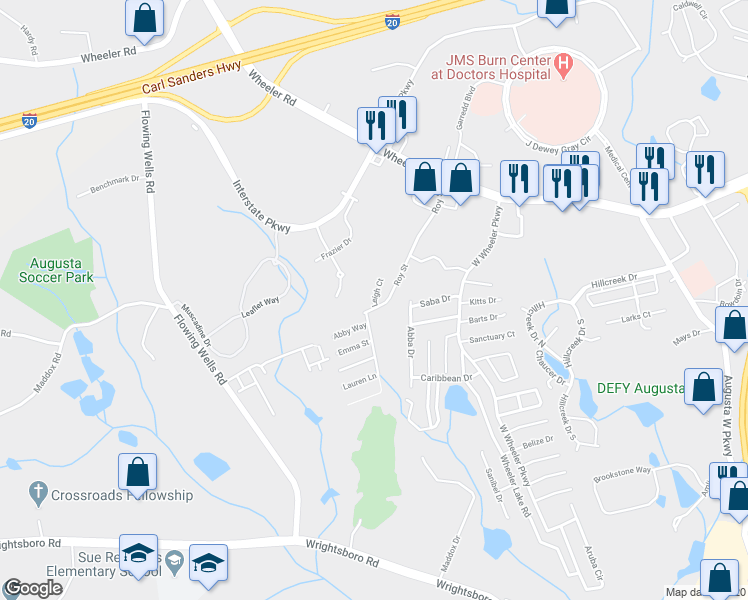 map of restaurants, bars, coffee shops, grocery stores, and more near 1402 Leigh Court in Augusta