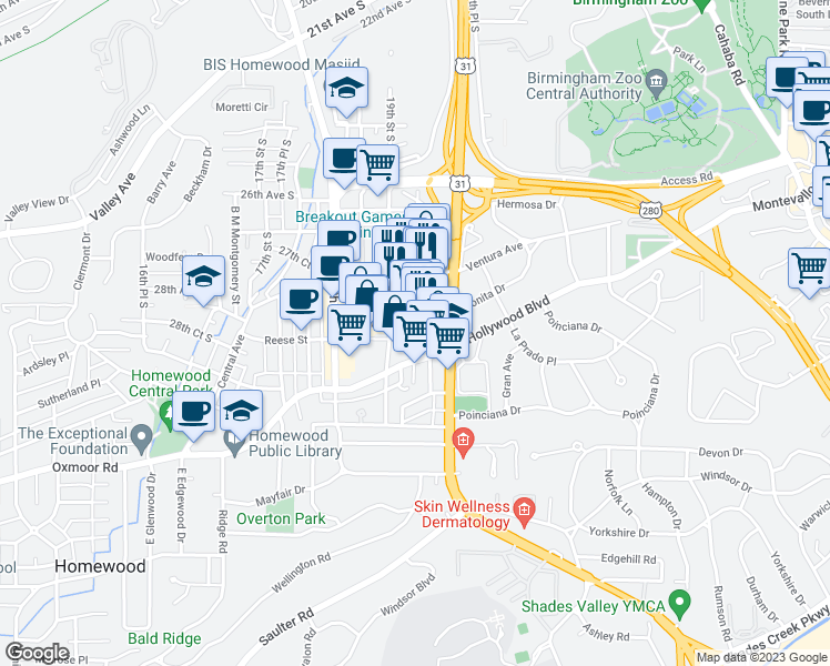 map of restaurants, bars, coffee shops, grocery stores, and more near 1924 29th Avenue South in Birmingham