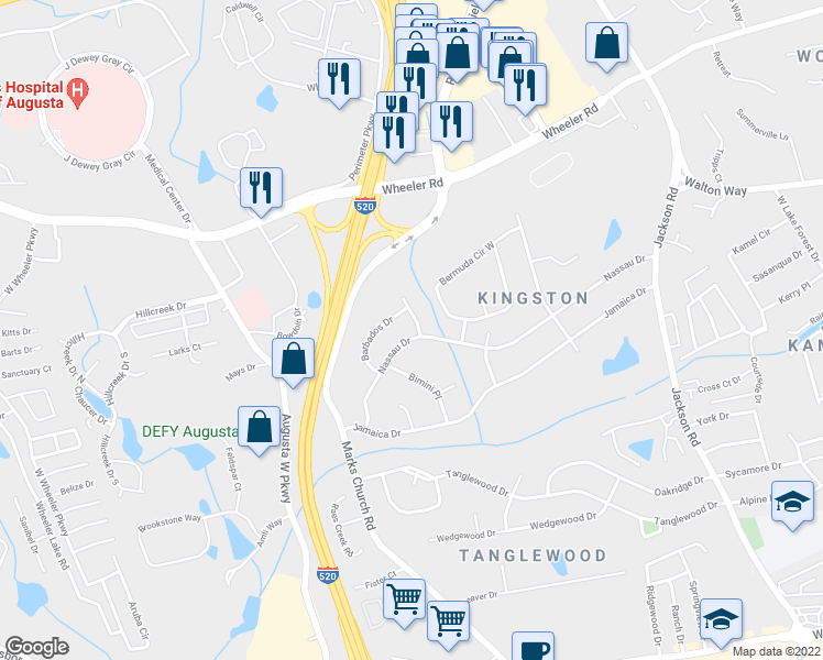 map of restaurants, bars, coffee shops, grocery stores, and more near 1307 Dominica Drive in Augusta