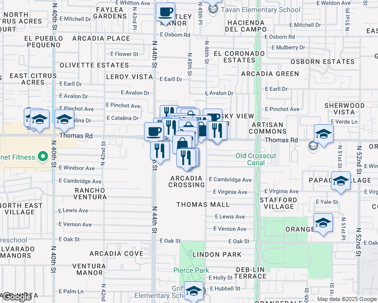 map of restaurants, bars, coffee shops, grocery stores, and more near 4505 East Thomas Road in Phoenix