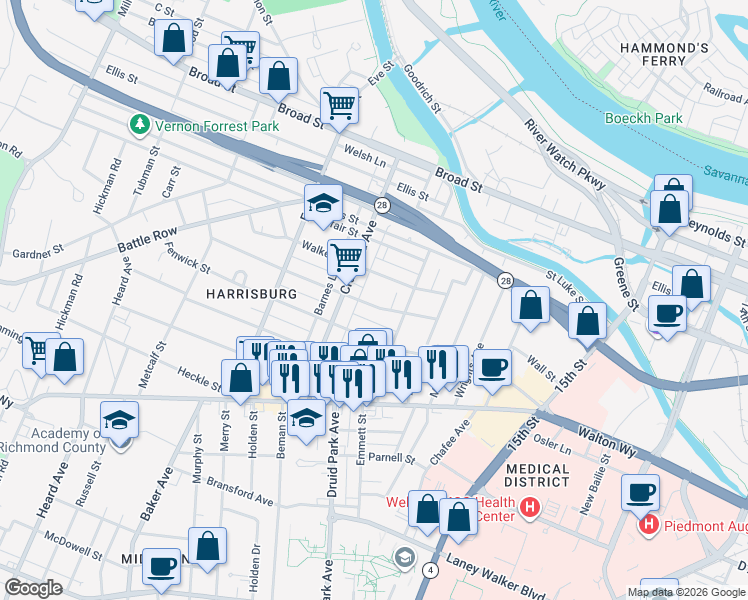 map of restaurants, bars, coffee shops, grocery stores, and more near 1749 Watkins Street in Augusta