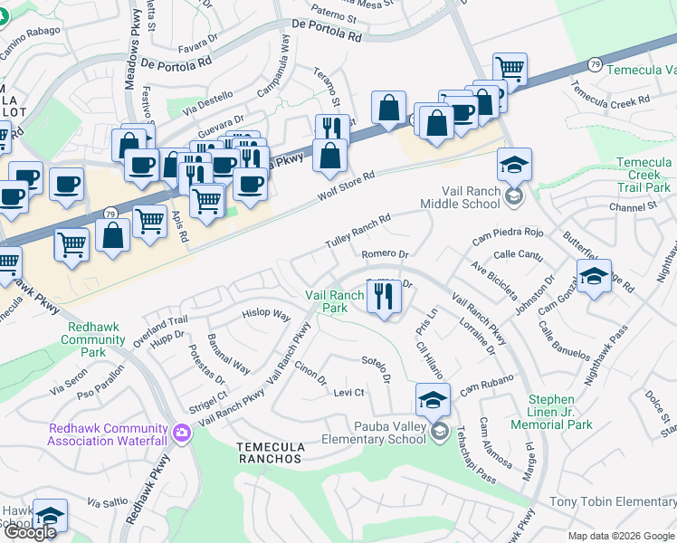 map of restaurants, bars, coffee shops, grocery stores, and more near 44552 Boguta Way in Temecula
