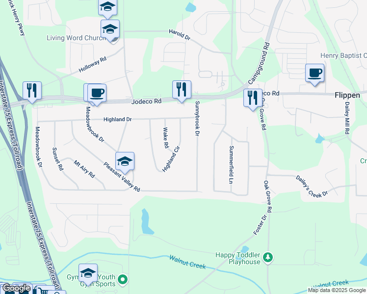 map of restaurants, bars, coffee shops, grocery stores, and more near 165 Highland Circle in McDonough