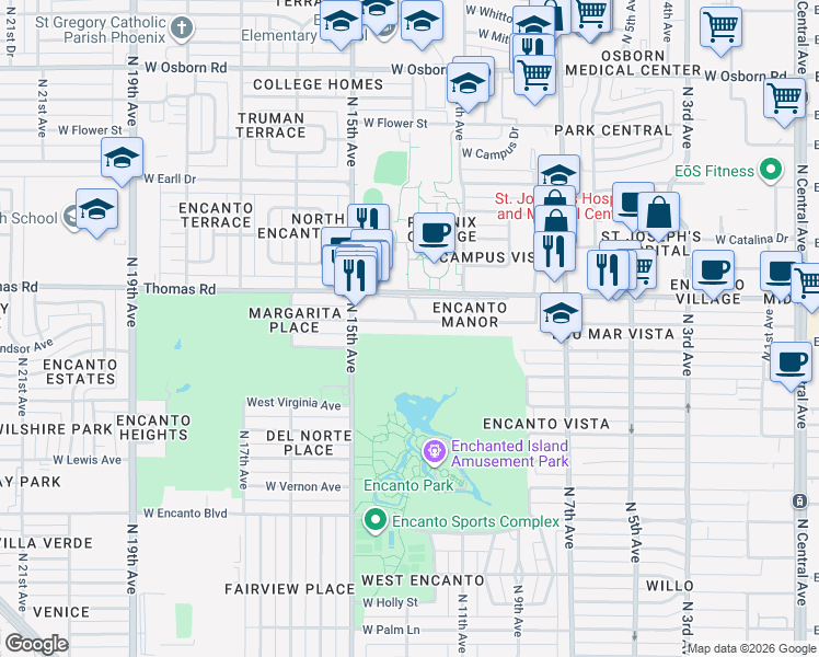 map of restaurants, bars, coffee shops, grocery stores, and more near 1301 West Edgemont Avenue in Phoenix