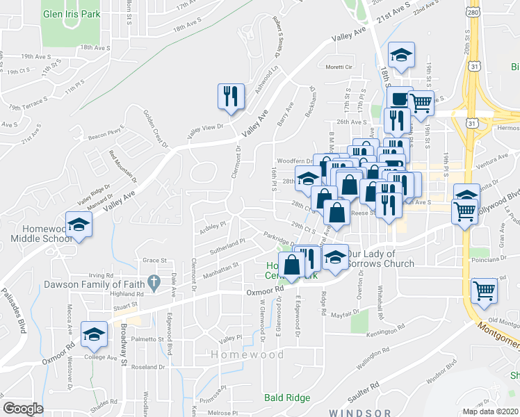 map of restaurants, bars, coffee shops, grocery stores, and more near 1528 Somerset Drive in Homewood