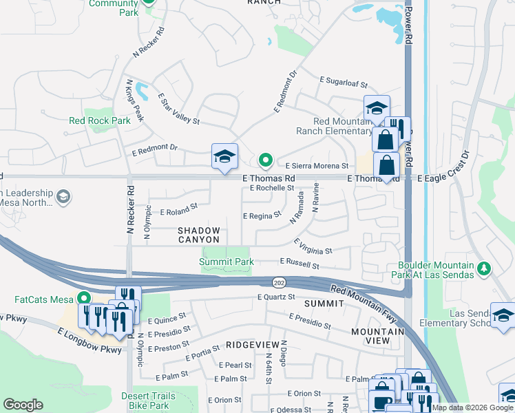 map of restaurants, bars, coffee shops, grocery stores, and more near 6343 East Rochelle Street in Mesa