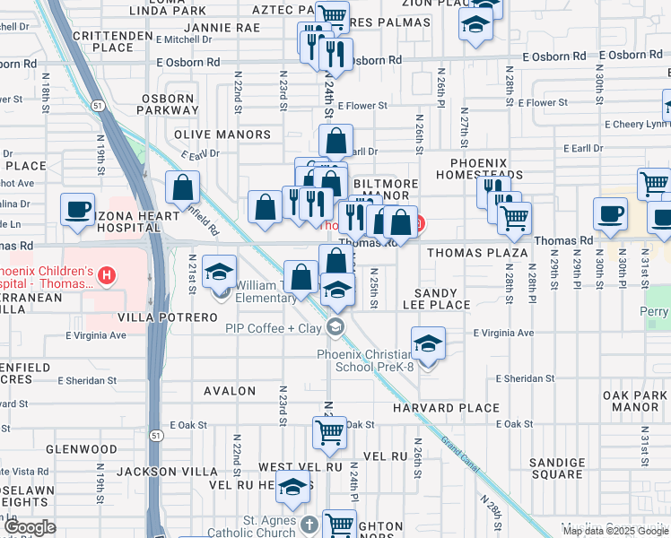 map of restaurants, bars, coffee shops, grocery stores, and more near in Phoenix