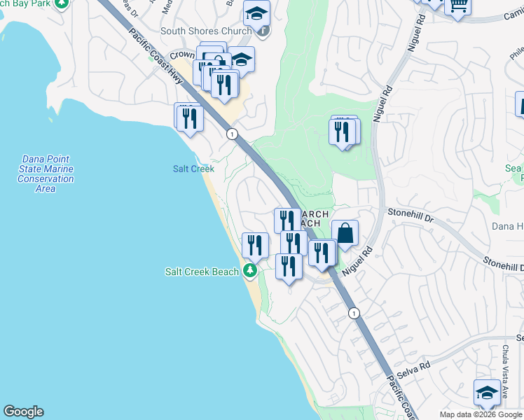 map of restaurants, bars, coffee shops, grocery stores, and more near 56 Ritz Cove Drive in Dana Point