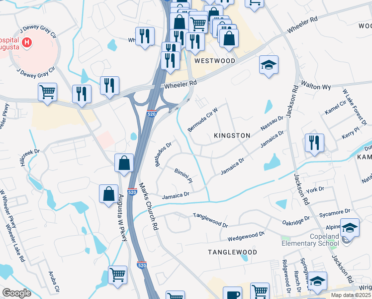 map of restaurants, bars, coffee shops, grocery stores, and more near 3629 Bermuda Circle East in Augusta