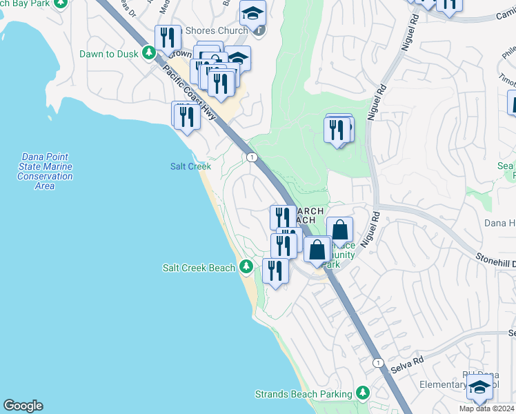 map of restaurants, bars, coffee shops, grocery stores, and more near 60 Ritz Cove Drive in Dana Point