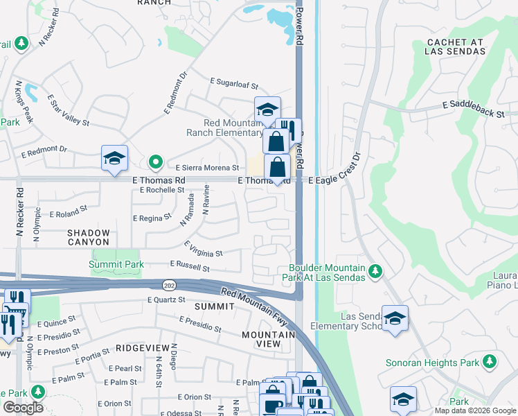 map of restaurants, bars, coffee shops, grocery stores, and more near 3543 North Sericin in Mesa