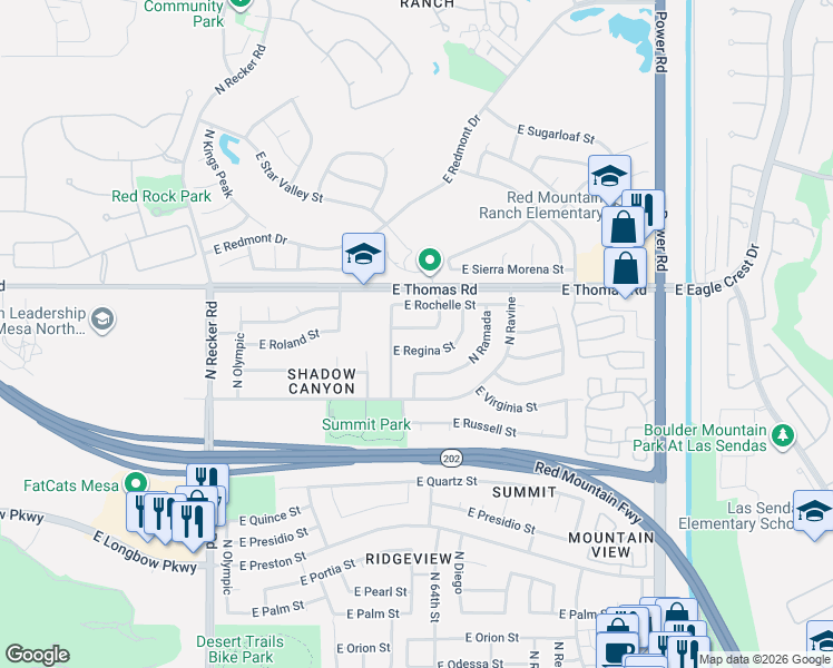 map of restaurants, bars, coffee shops, grocery stores, and more near 6343 East Rochelle Street in Mesa