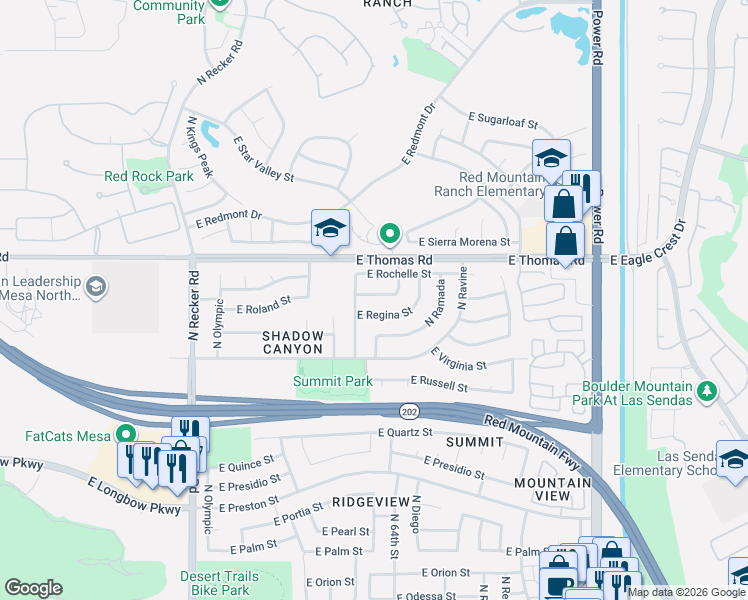 map of restaurants, bars, coffee shops, grocery stores, and more near 6343 East Rochelle Street in Mesa