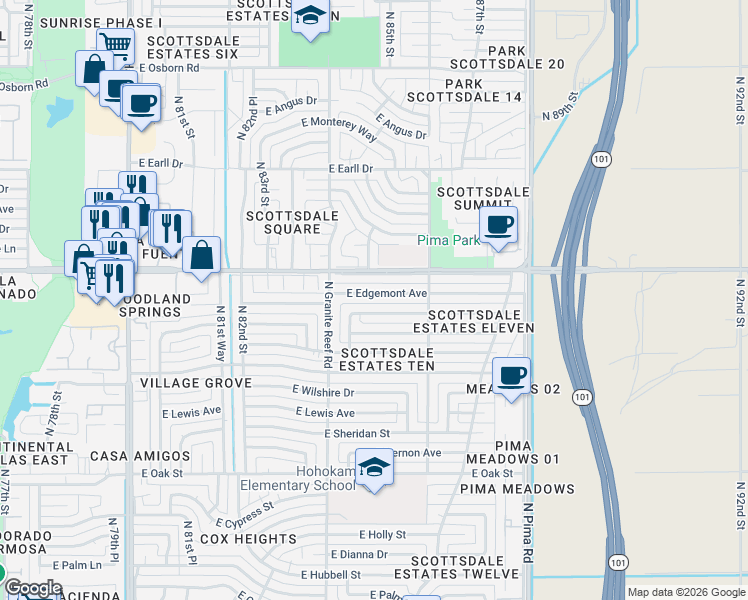 map of restaurants, bars, coffee shops, grocery stores, and more near 8443 East Thomas Road in Scottsdale