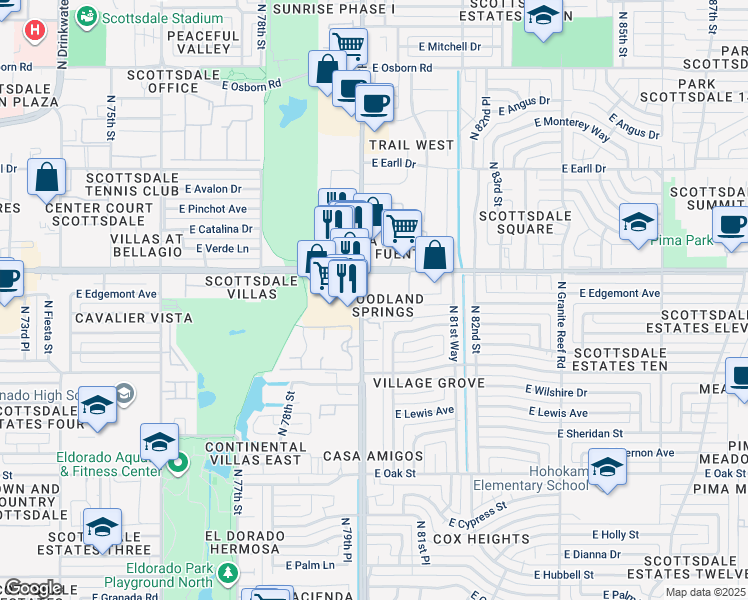 map of restaurants, bars, coffee shops, grocery stores, and more near 7950 East Thomas Road in Scottsdale