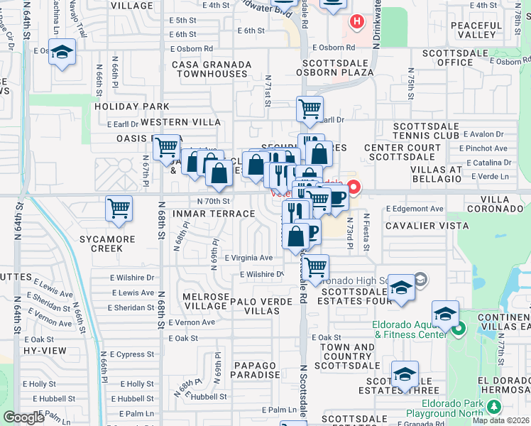 map of restaurants, bars, coffee shops, grocery stores, and more near 2837 North 71st Place in Scottsdale