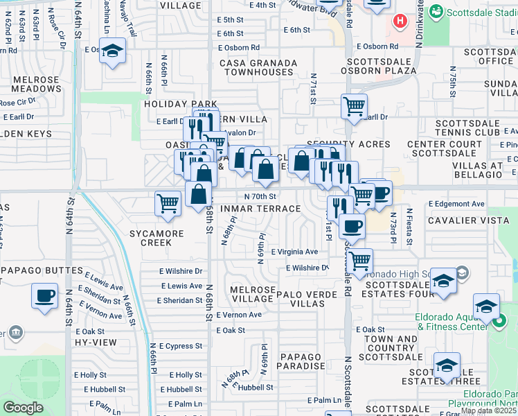 map of restaurants, bars, coffee shops, grocery stores, and more near 6911 East Thomas Road in Scottsdale