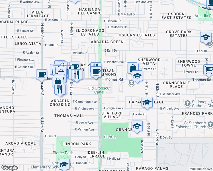 map of restaurants, bars, coffee shops, grocery stores, and more near 4747 East Thomas Road in Phoenix