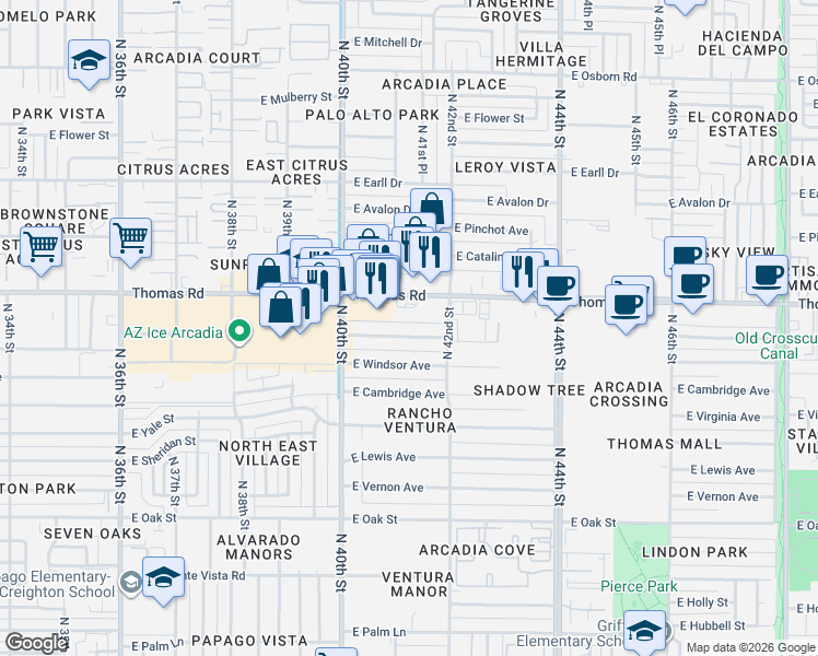 map of restaurants, bars, coffee shops, grocery stores, and more near 4119 East Thomas Road in Phoenix
