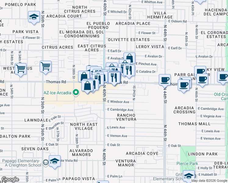 map of restaurants, bars, coffee shops, grocery stores, and more near 4041 North 40th Street in Phoenix