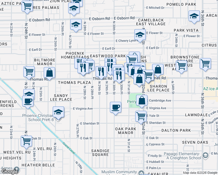 map of restaurants, bars, coffee shops, grocery stores, and more near in Phoenix