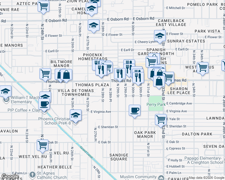 map of restaurants, bars, coffee shops, grocery stores, and more near 2859 East Thomas Road in Phoenix