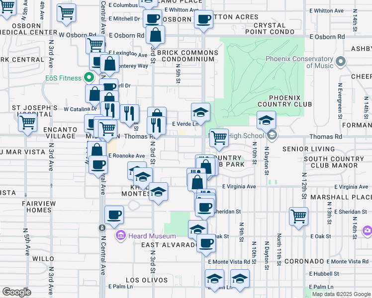 map of restaurants, bars, coffee shops, grocery stores, and more near 515 East Thomas Road in Phoenix
