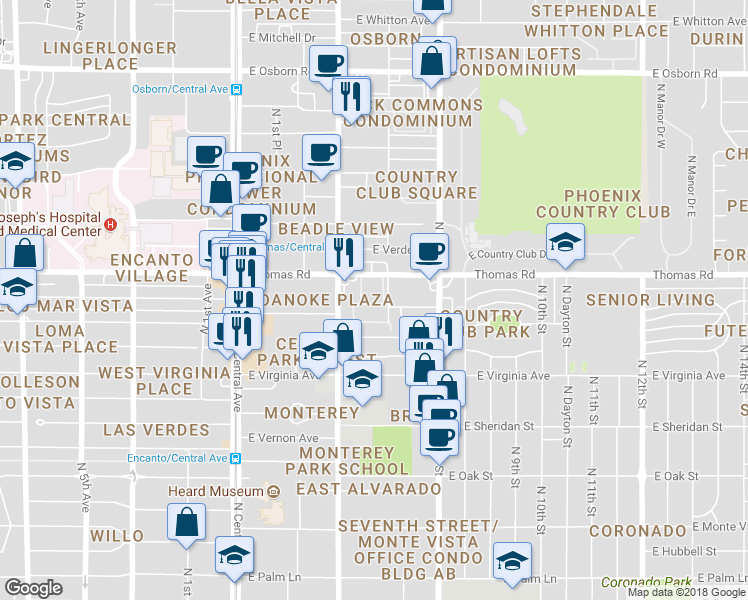 map of restaurants, bars, coffee shops, grocery stores, and more near 355 East Thomas Road in Phoenix