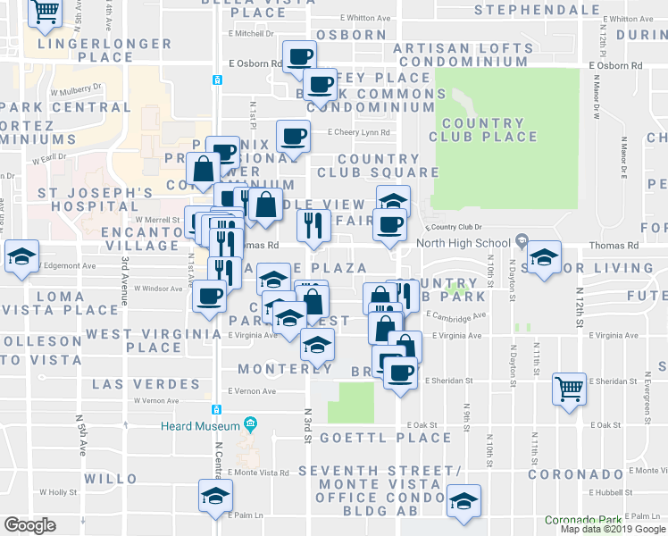 map of restaurants, bars, coffee shops, grocery stores, and more near 355 East Thomas Road in Phoenix