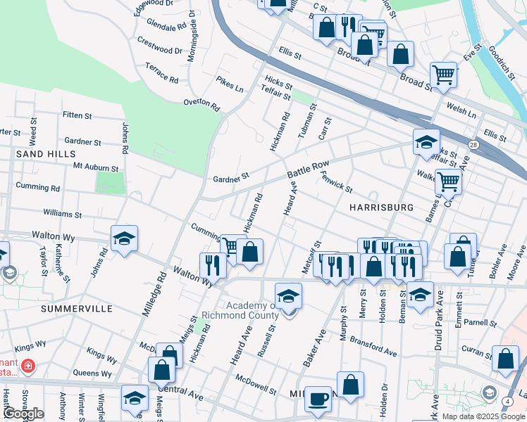 map of restaurants, bars, coffee shops, grocery stores, and more near 706 Hickman Road in Augusta