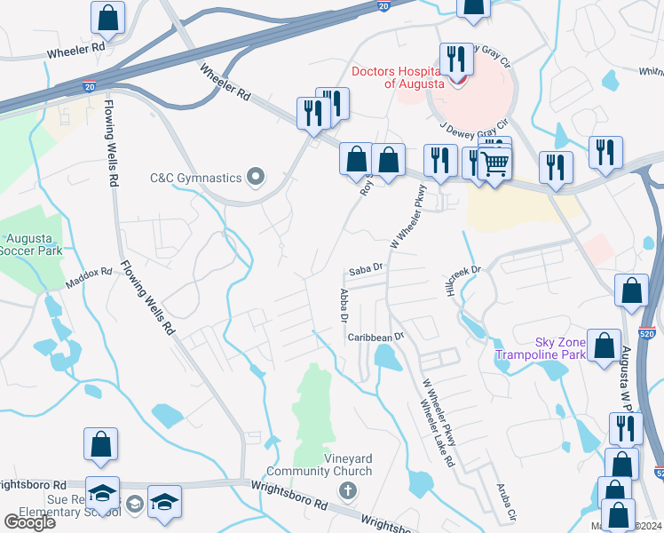 map of restaurants, bars, coffee shops, grocery stores, and more near 1242 Roy Street in Augusta
