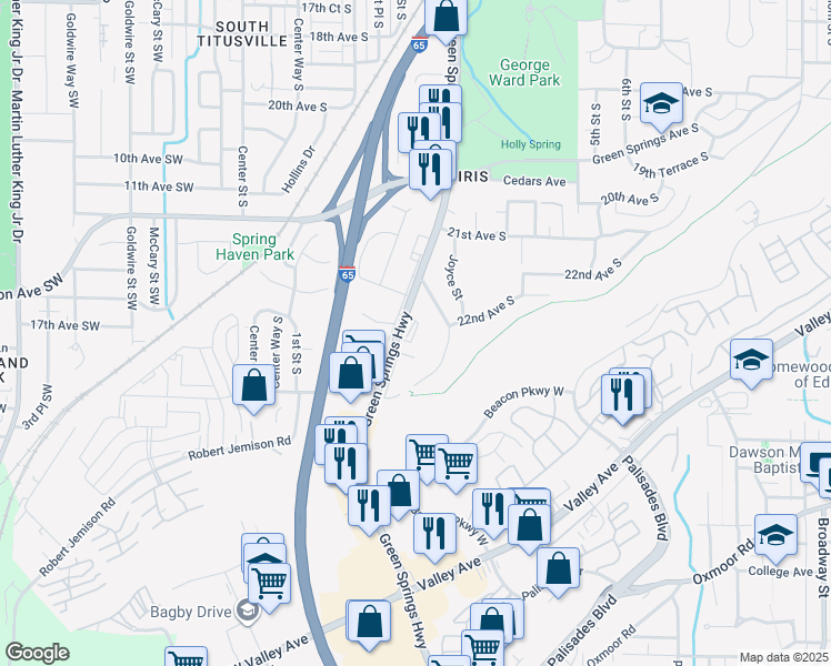 map of restaurants, bars, coffee shops, grocery stores, and more near 2217 Green Springs Highway in Birmingham
