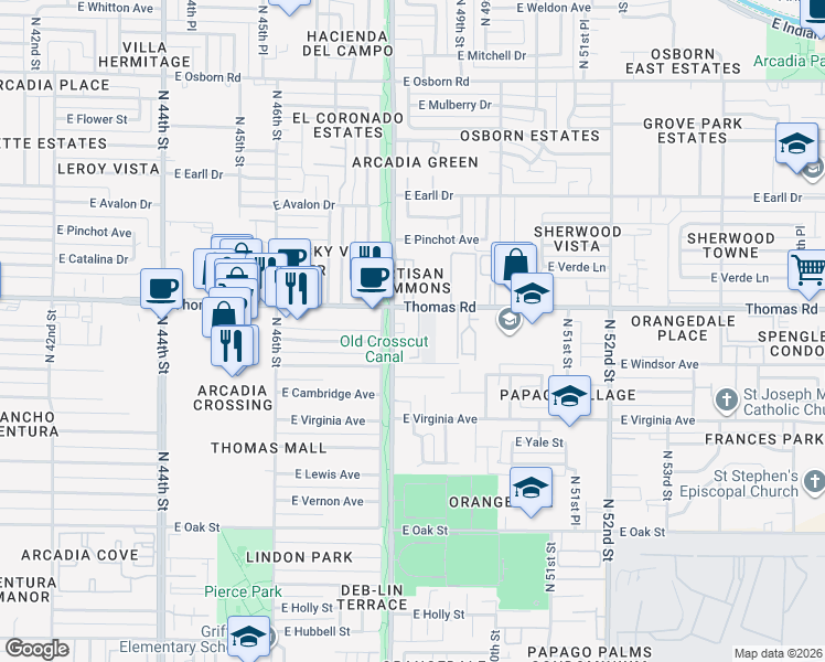 map of restaurants, bars, coffee shops, grocery stores, and more near 4747 East Thomas Road in Phoenix