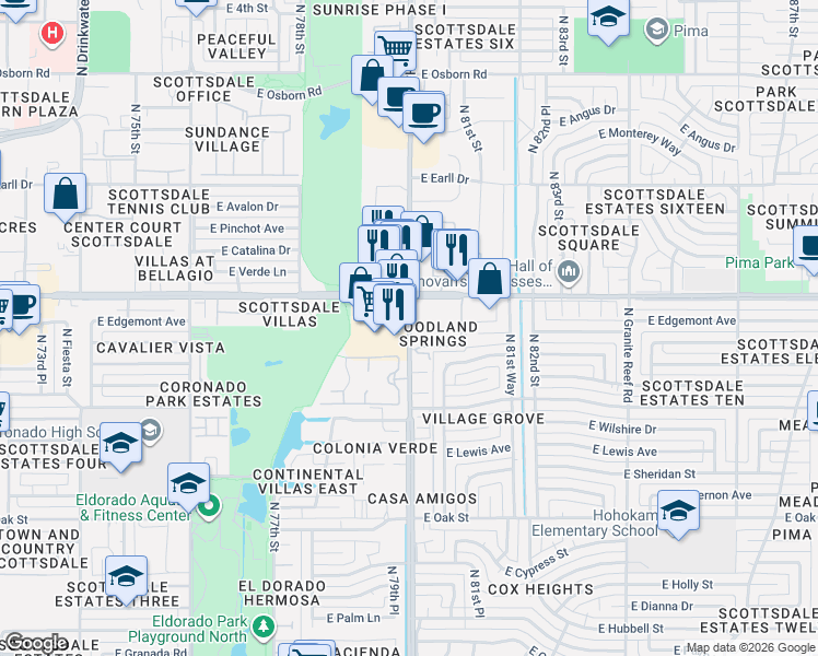 map of restaurants, bars, coffee shops, grocery stores, and more near 2815 Hayden Road in Scottsdale